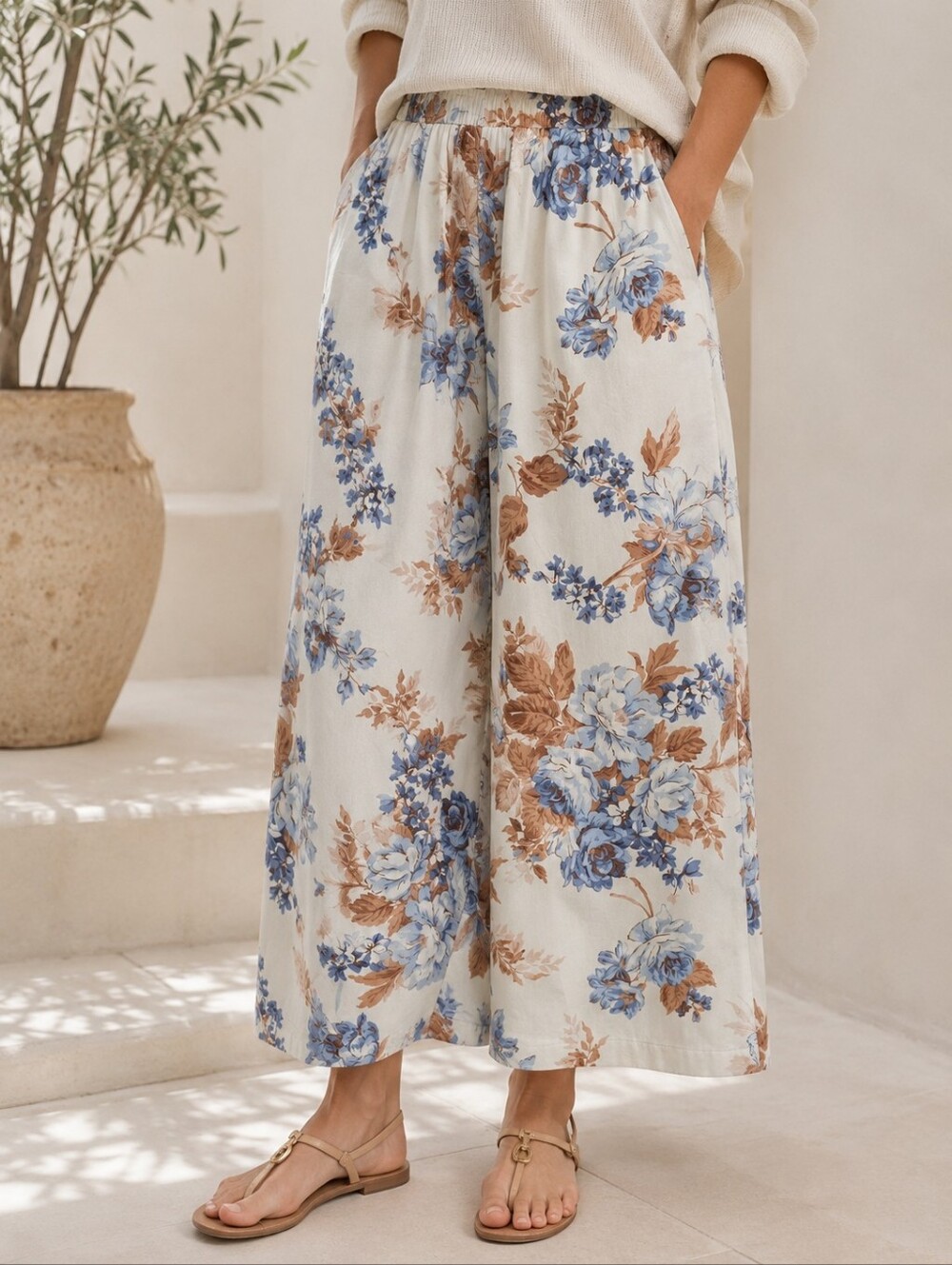Haver + Blair London Blue Floral Lyocell Wide Leg Crop Pants Boho Medium